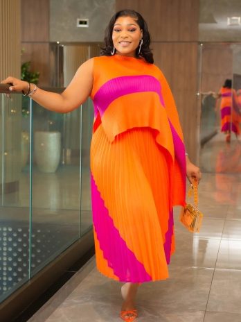 One Shoulder Orange and Purple Skirt Set