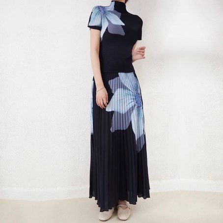 Miyeki Short Sleeve Two Piece Pleated Skirt Set