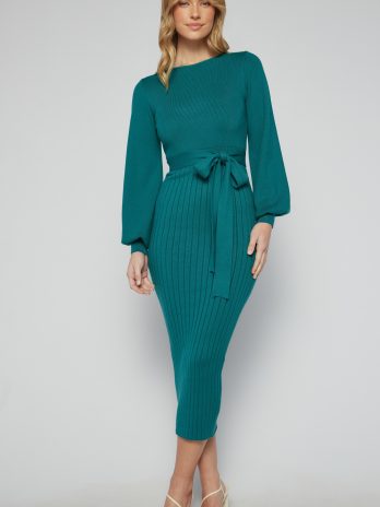 EME Boat Neckline Bubble Sleeve Contrast Knit Midi Dress