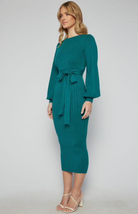 EME Boat Neckline Bubble Sleeve Contrast Knit Midi Dress - Image 2