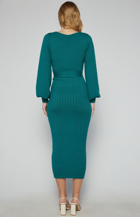 EME Boat Neckline Bubble Sleeve Contrast Knit Midi Dress - Image 4