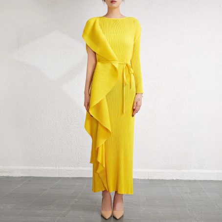 One shoulder Miyaki Pleated Yellow Dress - Image 4