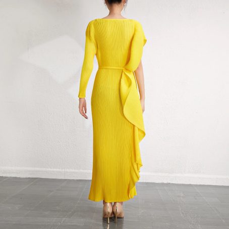 One shoulder Miyaki Pleated Yellow Dress - Image 6